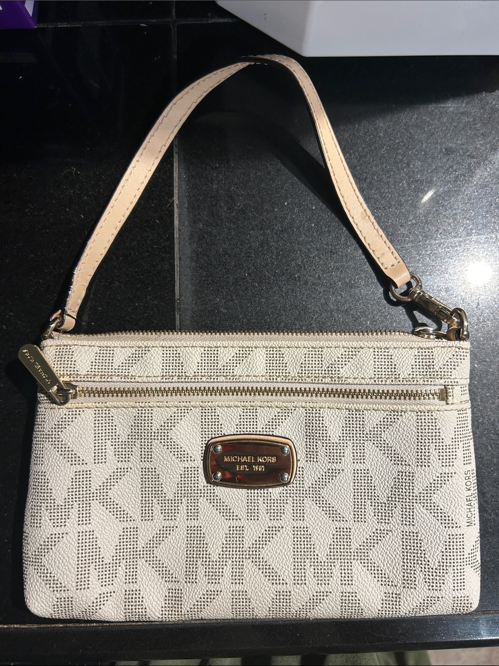 Michael Kors Cream Beige MK Logo Wristlet with Gold Hardware
